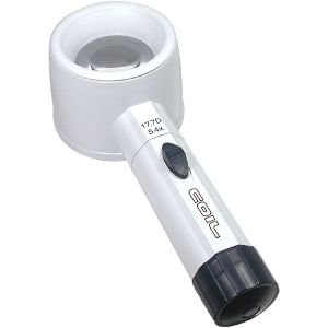 White handheld magnifier with black accents.