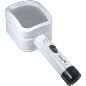 White handheld magnifier with black accents. Its lens is rectangular.