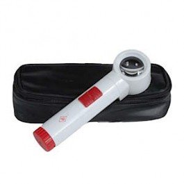 White handheld magnifier with red accents, next to a black zipper case.