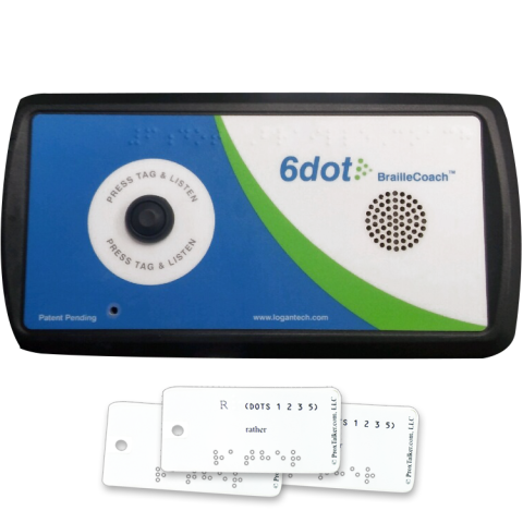 A small rectangular device with a speaker on the right-hand side and a medium-sized round, black button on the left-hand side. The device is blue, green, and white, with black trim. The name "6dot BrailleCoach" is printed above the speaker. Below the device are three small Braille-embossed tags, the foremost reads "R, Letters 1, 2, 3, 5; Rather."