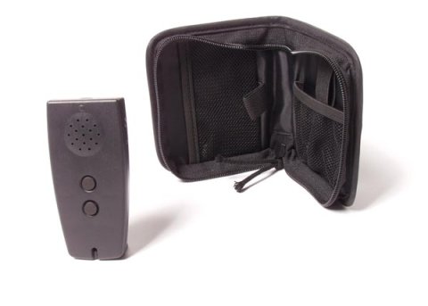 Black rectangular device with two buttons and a speaker next to a black zipper case.