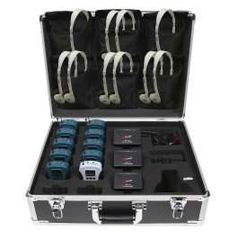 Multiple receivers and transmitters placed in rows inside a case with foam inserts.