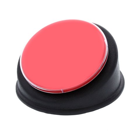 Large round, black base with circular red button on top. The button is gently sloped downwards and sideways, toward the user.