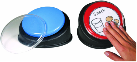 Two large, round switches. One is blue and one is red. The blue one is shown with a clear plastic cover lying on top the switch. The red switch has a white label on it that says "Snack," with an illustration of cookies and milk. A hand is shown pressing the red "Snack" switch.