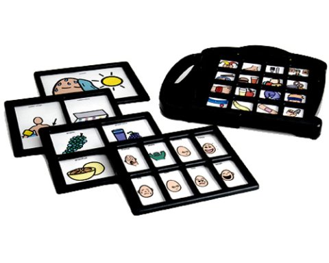 Black device with interchangeable templates containing photos in each window.
