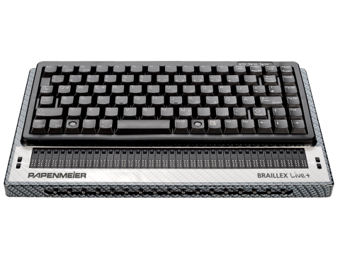 A black computer keyboard with Braille cells below.