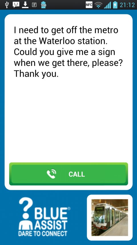 Screenshot of a text field with a written request for help arriving at the correct train station, a call button, and an image of a train. 