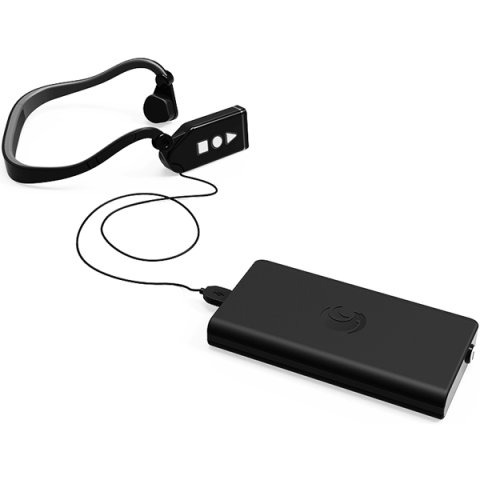 Rectangular device with camera lens on top edge connected to headset with earbuds