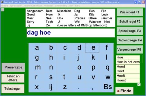 Screenshot of the Lees en Praat  window with large font keyboard and associated words.