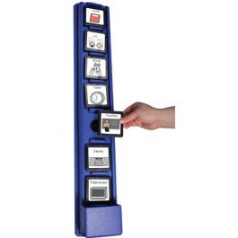 A wall mounted hardware which can hold 7 3” x 3” icon frames which plays recorded messages when each frame is placed. Controls are located on the side of the device for easy recording.