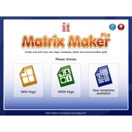 Matrix Maker Plus menu with option to make a new page, open a page, or explore the new template.