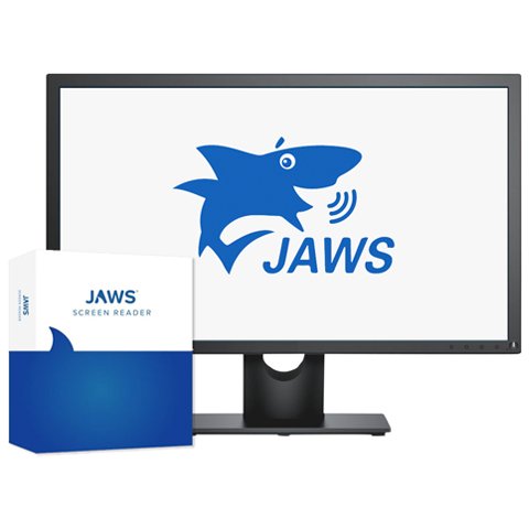 Computer monitor on a stand with display showing the JAWS logo against a white background with the software box standing next to it.