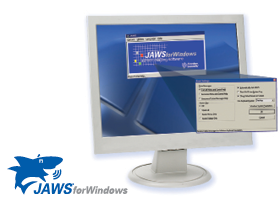 A computer monitor on a stand with screen showing the JAWS software menu open.
