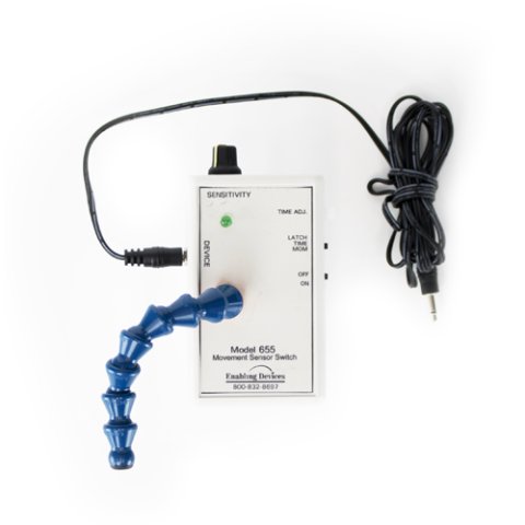 White switch box with blue activation arm and black connector cable.