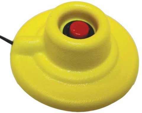 Yellow cylinder with wider, flat base. Inside the cylinder there is a red button.