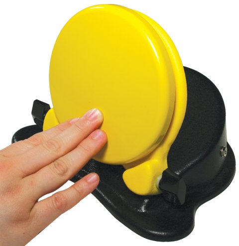 Circular, adjustable, yellow switch on black base with hinges to accommodate the angle.