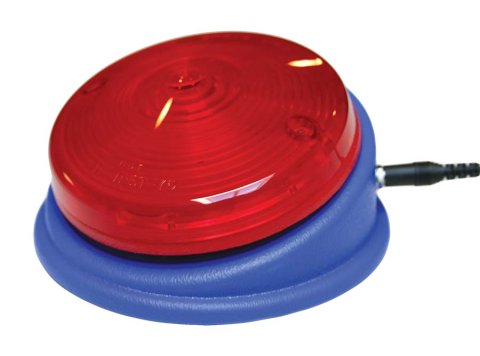 Large red, circular button switch that lights up on a blue base.