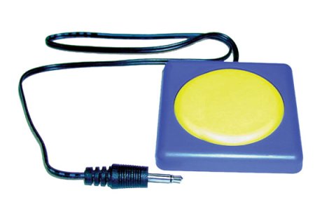 Square base with yellow button embedded in center and black connector cable extending from back.