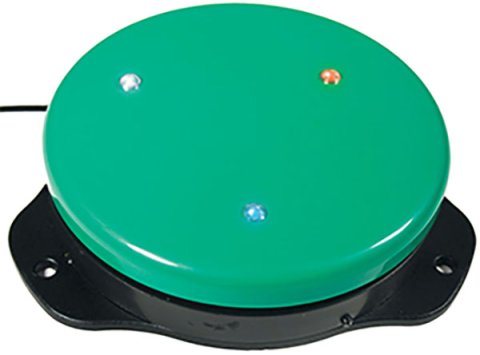 A large, round, blue-green switch, with a flat top and black colored base. The switch features three very small LED lights arranged on the switch top. One light is silver; one is red; and one is blue.