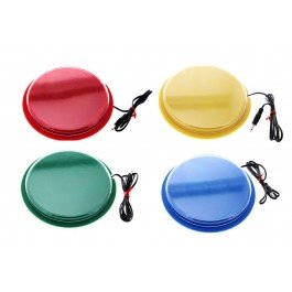 A set of four different colored large wired circular keys in red, green, yellow and blue.