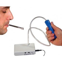 A person blowing into a metal device while another person is gripping a blue device with clear tubing connected to a white switch base with black cord extending from rear.