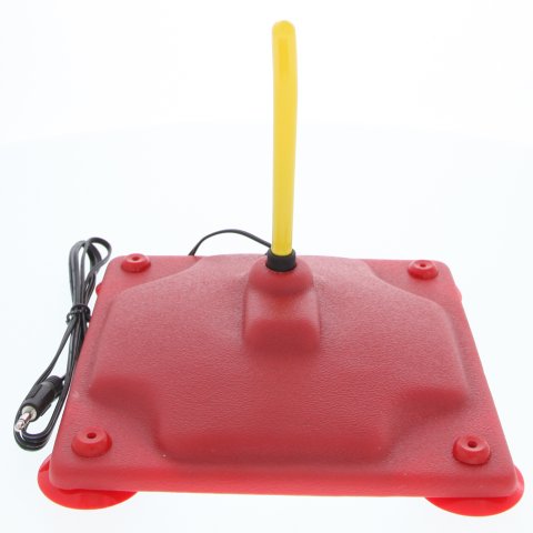 Red base with yellow toggle switch extending from center of device along with black connector cord.
