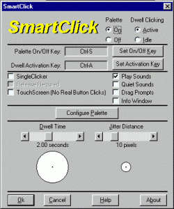 Main menu in the form of a control panel with various options settings and click boxes and menu options across bottom.