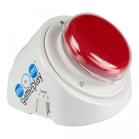 White, round base with red button on top. The button base is sloped down toward the user.