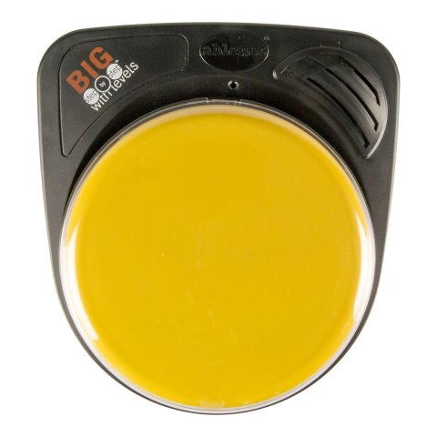 Top view of the device with the speaker to the top-right of the yellow, switch button. 