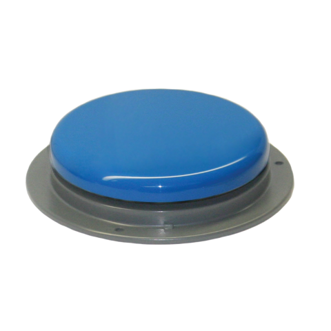 Flat, gray base with blue button.