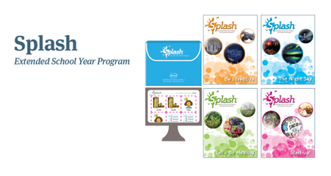 Graphic showing the Splash: Extended School Year Program logo, along with images of Splash workbook colors (They are each orange, blue, green, and pink). The Splash software is also shown displayed on a computer monitor.