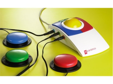 Large white mouse with blue and red click buttons and yellow scroll wheel. Three switch inputs plugged into left side of mouse attached to red, green, and blue switch buttons.