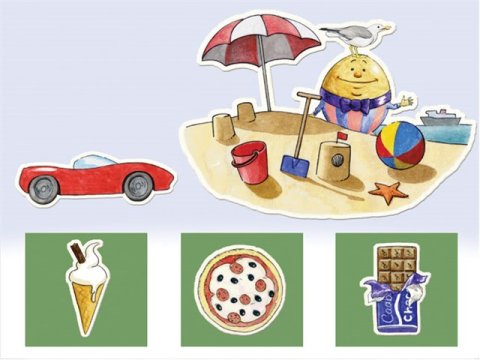Green icons of ice cream, pizza, and chocolate across bottom of screen. Red car and Humpty Dumpty playing in sand with beach ball, sandcastle, umbrella, and boat on beach.