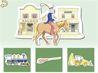 A screenshot, with large icons with green backgrounds on the bottom. The icons show a train, a broom, and a tractor. At the top, Uncle Sam rides a horse through an "Old West" style town.