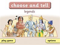 A screenshot showing the five main characters: Jason, Sir Lancelot, the Pharaoh, Hiawatha or Rama. On the left, a menu button reading "play game" is on the bottom-left corner. On the bottom right, another menu button for "options" appears.
