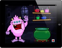 Pink monster next to shelf of ingredients and big green cauldron. Image displayed on iPad.