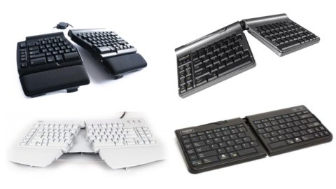 Various models of ergonomic split keyboards. These keyboards resemble standard models, except that they are split down the middle into two separate modules. Two models feature the modules connected close together but angled upwards and outwards. One device has the two modules connected, so that the device is essentially a standard keyboard. The fourth device has its two components separated wider apart. Three keyboards are black; the fourth is solid white. All devices have keys in contrasting colors.