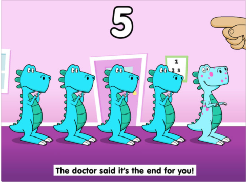 Five turquoise dinosaurs lined up; one dinosaur in the front of the line has a pink rash. On the right edge of the screen, a hand points to the number five. At the bottom, a caption reads "The doctor said it's the end for you!"