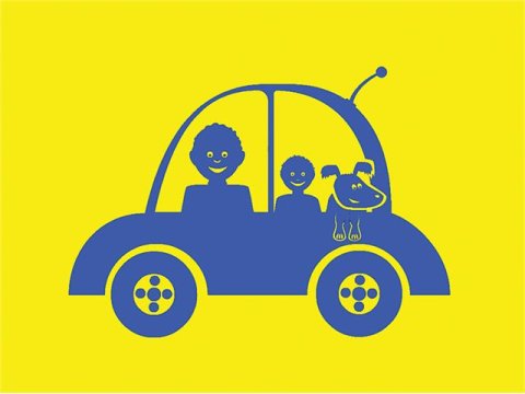 A two-dimensional line art illustration of a adult, a child, and a dog riding in a car together.
