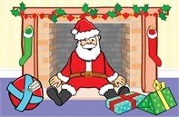 Santa Claus appears to have fallen down the chimney and is shown sitting slightly dazed in someone's fireplace. Wrapped presents are shown strewn along the floor.