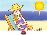 Girl with red hair in a braid wearing a sun hat, sitting in a beach chair at the beach. She is shown applying sunblock to her right arm. At the bottom of the screen, a small red button is shown.