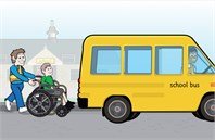 A young boy who uses a wheelchair is shown being pushed by someone. In front of them is a small yellow school bus with a driver in it.