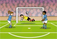 Three animated cartoons playing soccer. Goalie diving to defend goal and two defenders near the goal line.