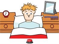Boy with disheveled blonde hair waking up in his bed, with a mirror, comb, and alarm clock on bedside tables on either side. At the bottom of the screen, there is a small red button switch shown.