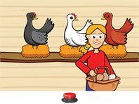 Girl with blonde hair tied back placing eggs in a basket that she recently collected from three hens. The hens are shown on a coop behind her, each sitting on top of a nest. One hen is black; the second is white; and the third is red-brown. At the bottom of the screen, a small red button is shown.