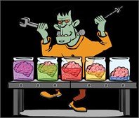 Frankenstein's monster dancing against a black background, while a row of brains in different colored jars sit on a table in front of him.