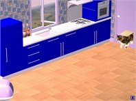 A cat enters a kitchen through a cat door. The kitchen has blue cabinetry.