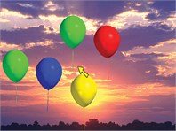 Five balloons, two green balloons, one red, and one yellow, float in the air against a sunset backdrop. A yellow arrow indicates the balloons are floating in an up-left direction.