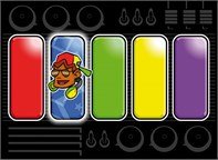 Five vertical bars, one red, one blue, one green, one yellow, and purple. On the blue bar, a boy's face wearing sunglasses, a baseball cap, and headphones appears. 