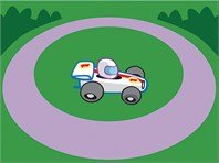 White race car with driver in seat in patch of grass within circle of gray racetrack.